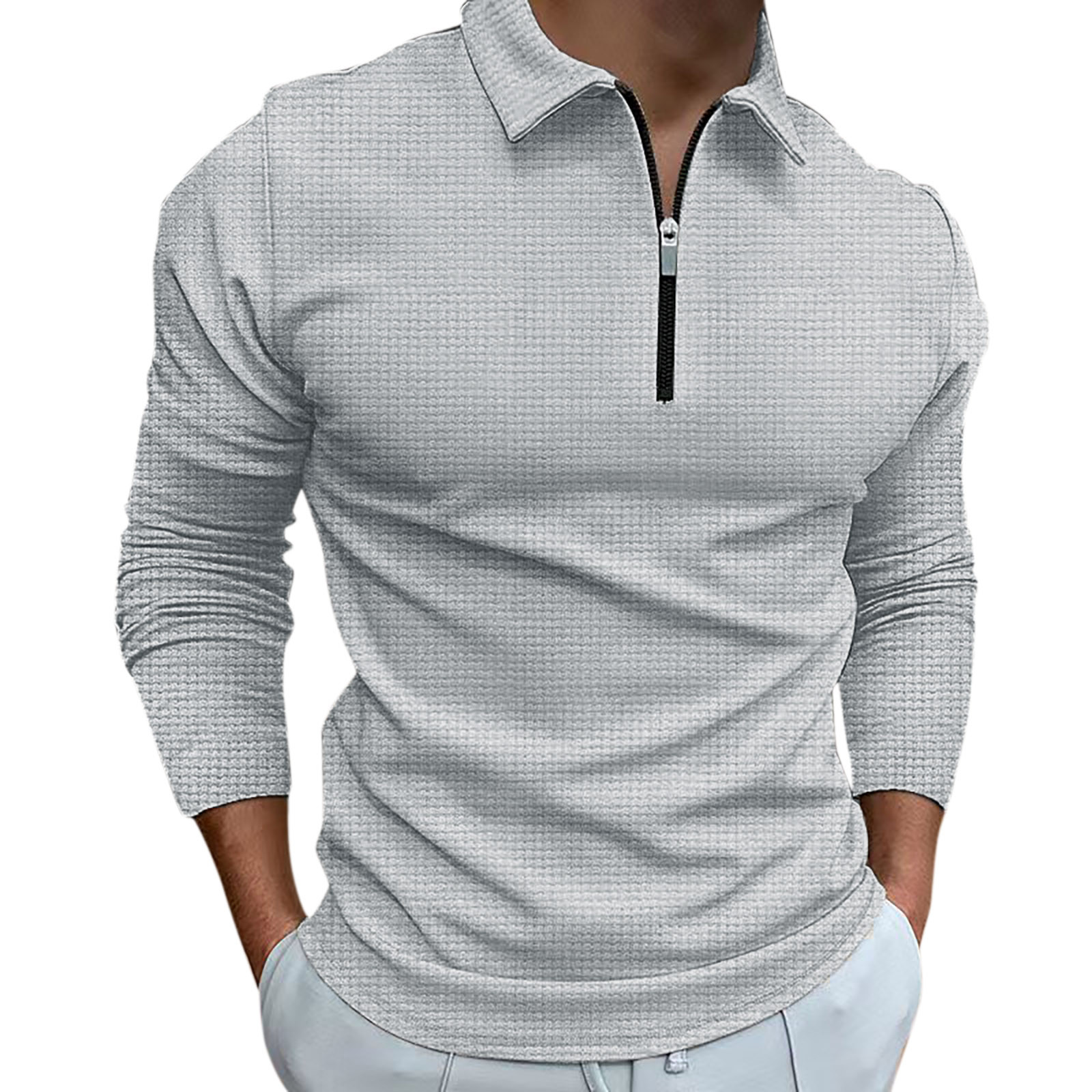 thumbnail image 1 of Camisa informal de manga larga para hombre: cuello vuelto, detalle de cremallera, color liso, poliéster, oficina/ocio, tallas 10-20 (EE. UU.), 1 of 5